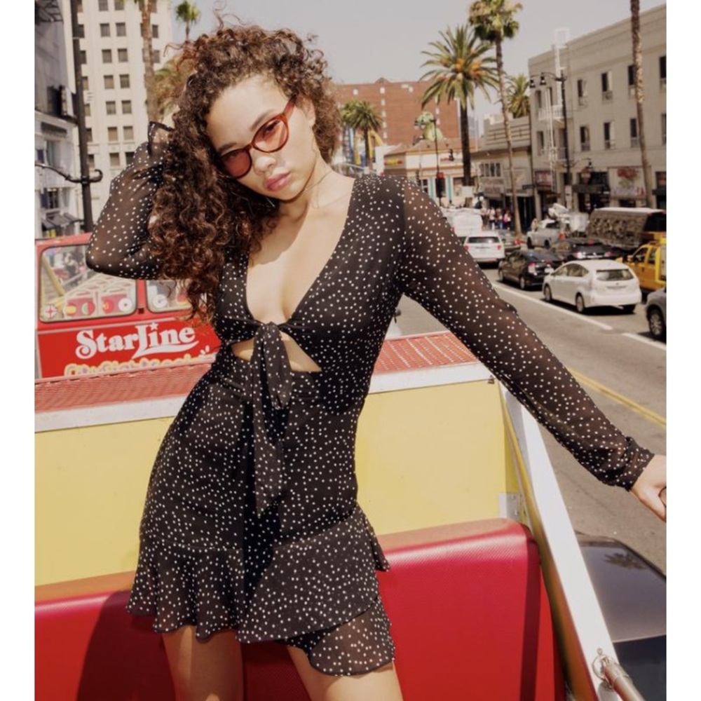Polka Dot Tie Front Long Sleeve Mini Dress